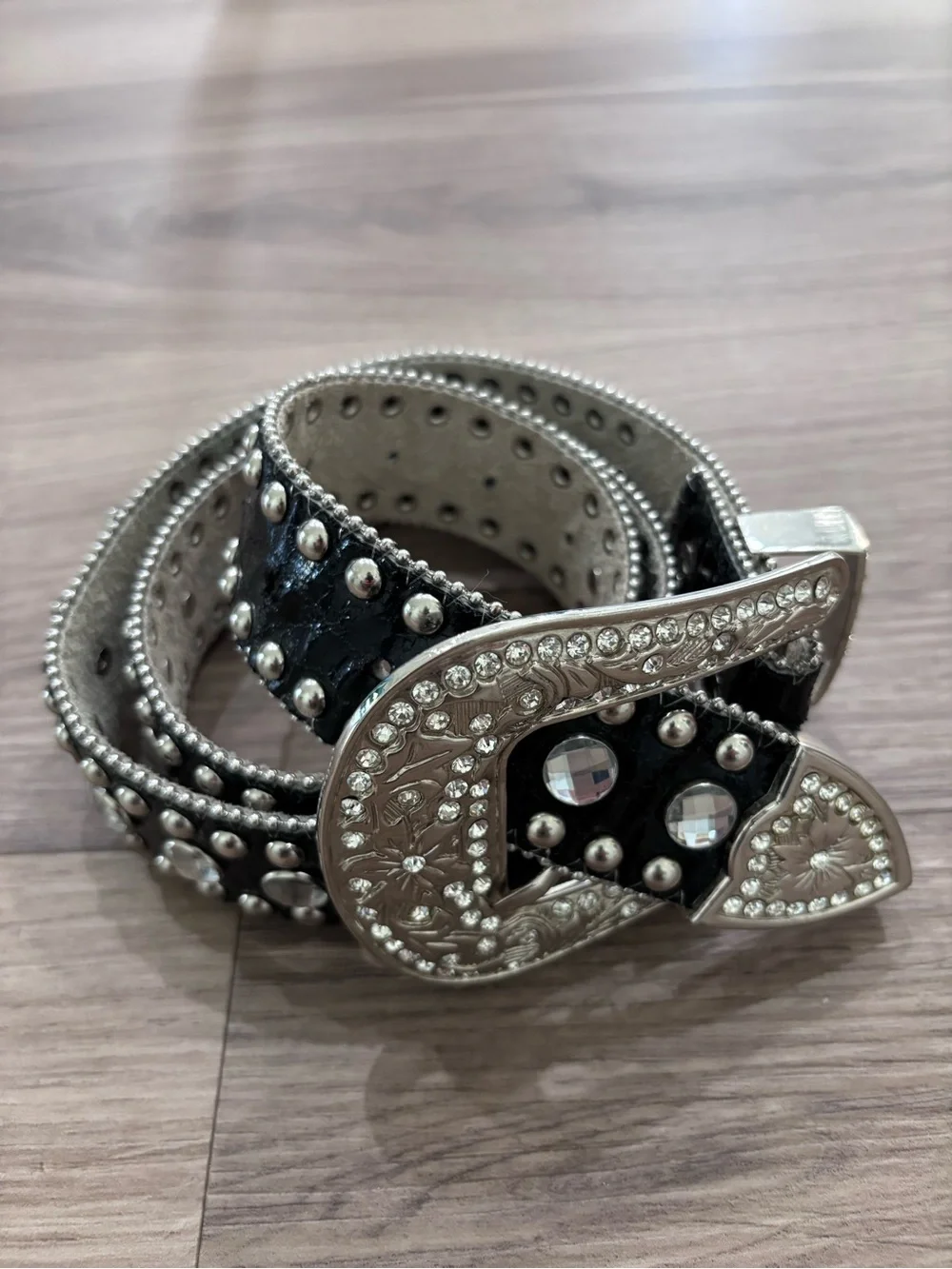 Black Studded Western Belt with Crystal-Embellished Buckle